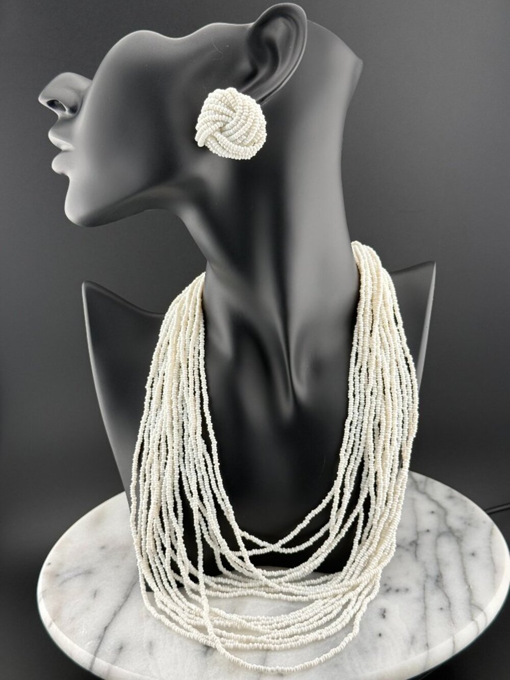 Vintage White Seed Bead Multi-Strand Statement Necklace and Clip-On Earrings
